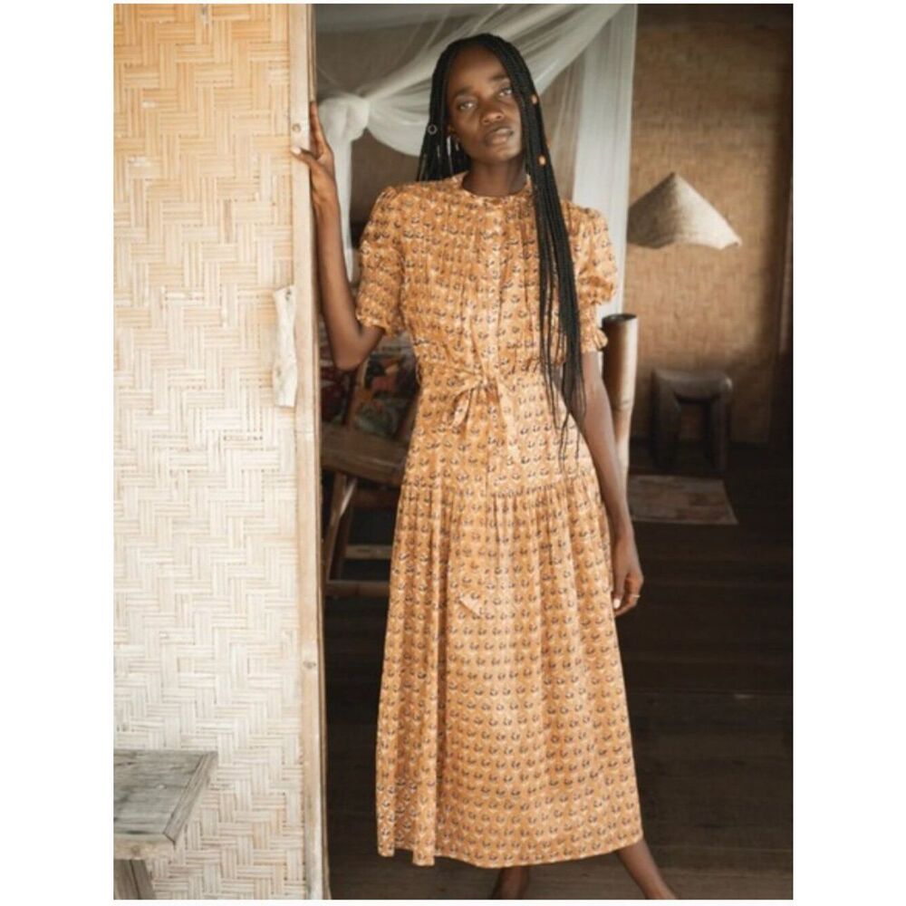 Daughters of India Mustard Floral Cotton Midi Dress Puff Sleeve Tie Waist M